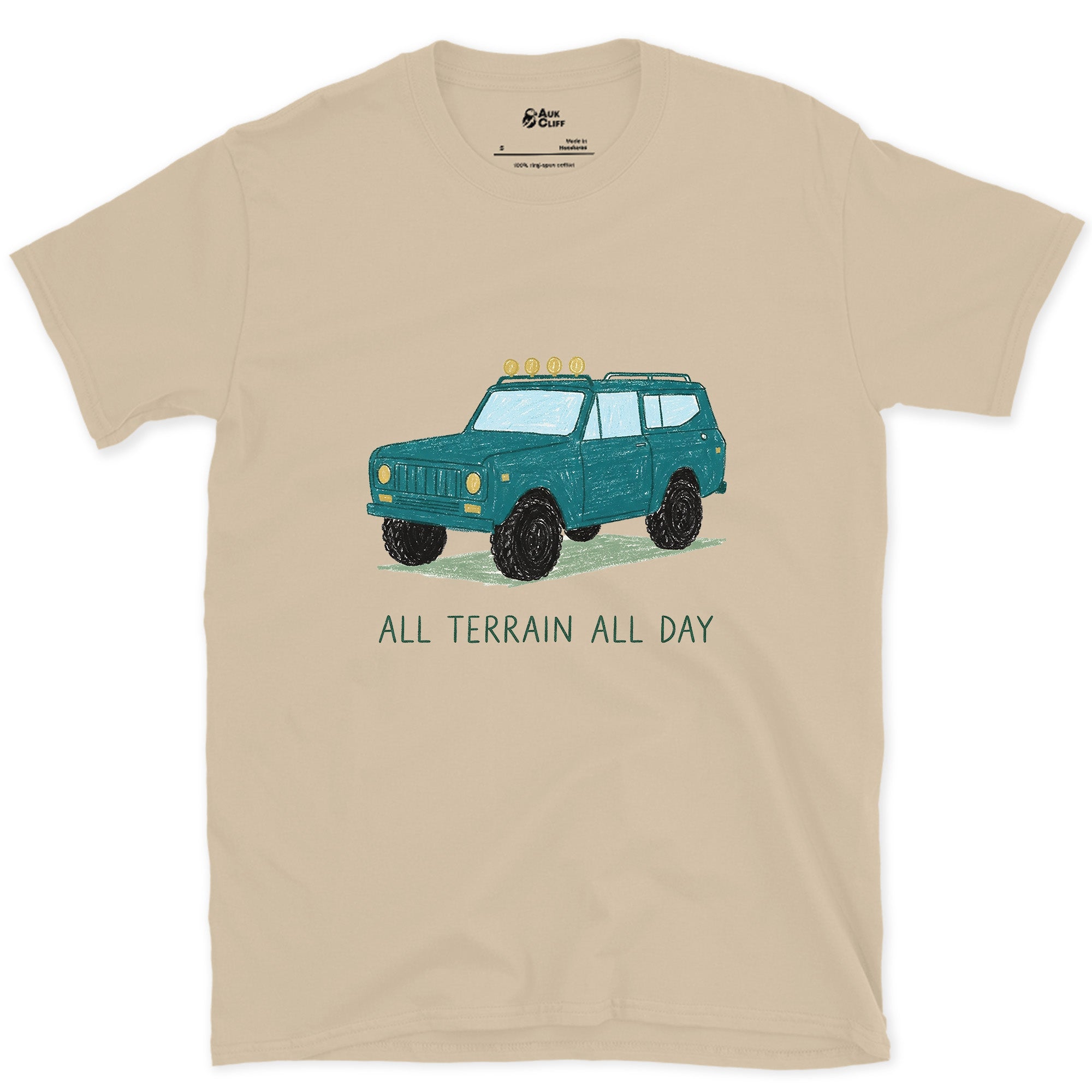 All Terrain All Day, Teal Wagon design on a Sand Gildan Softstyle t-shirt