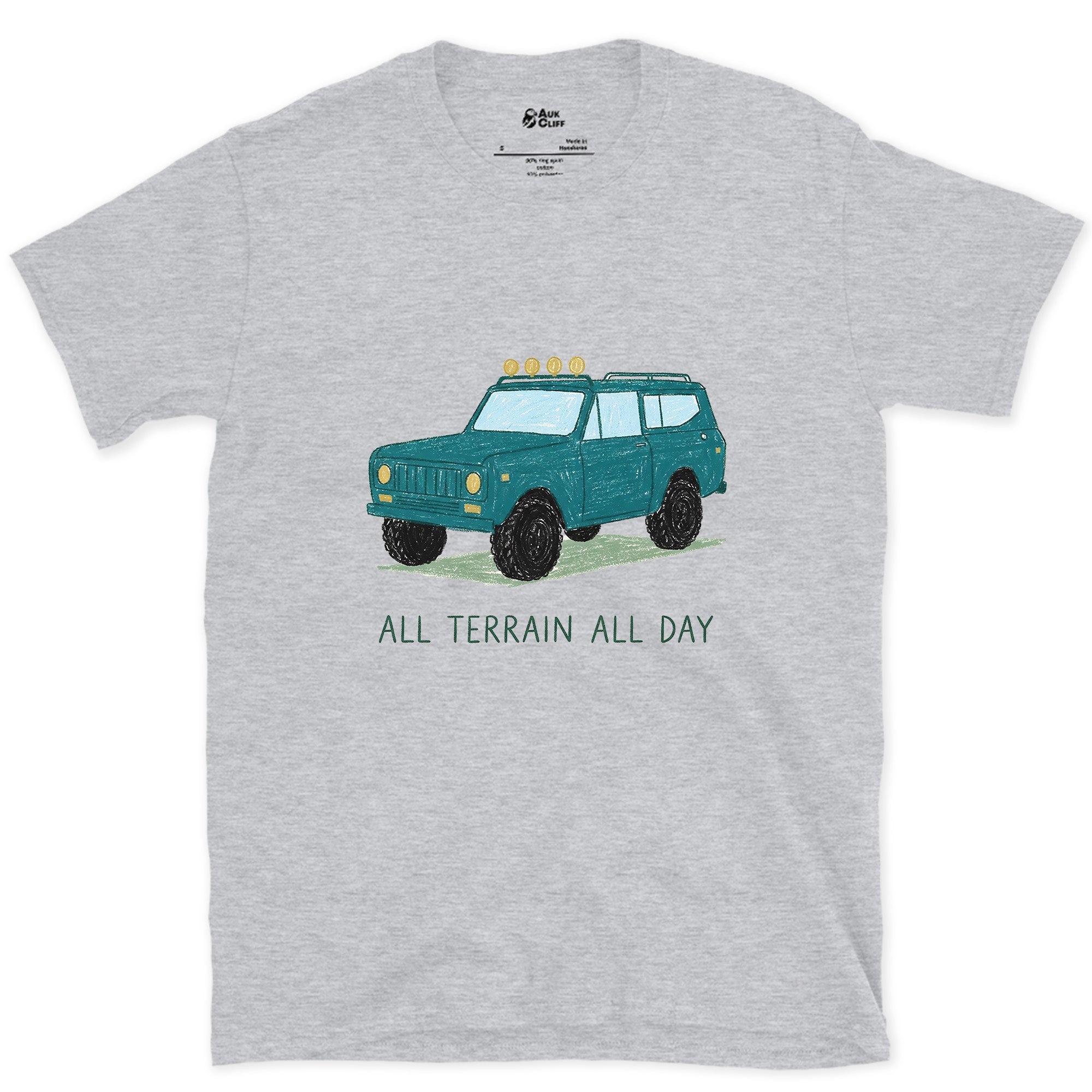 All Terrain All Day, Teal Wagon design on a Sport Grey Gildan Softstyle t-shirt