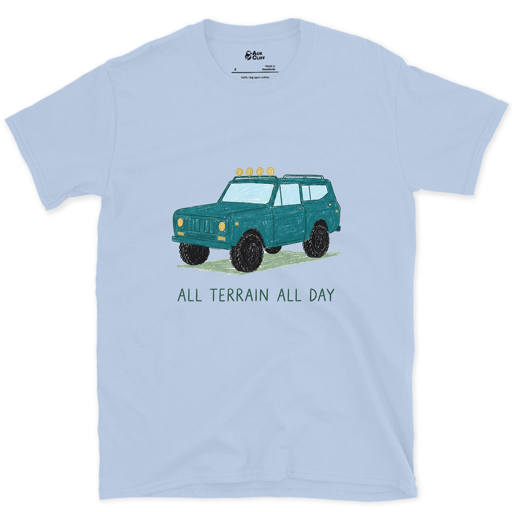 All Terrain All Day, Teal Wagon design on a Light Blue Gildan Softstyle t-shirt