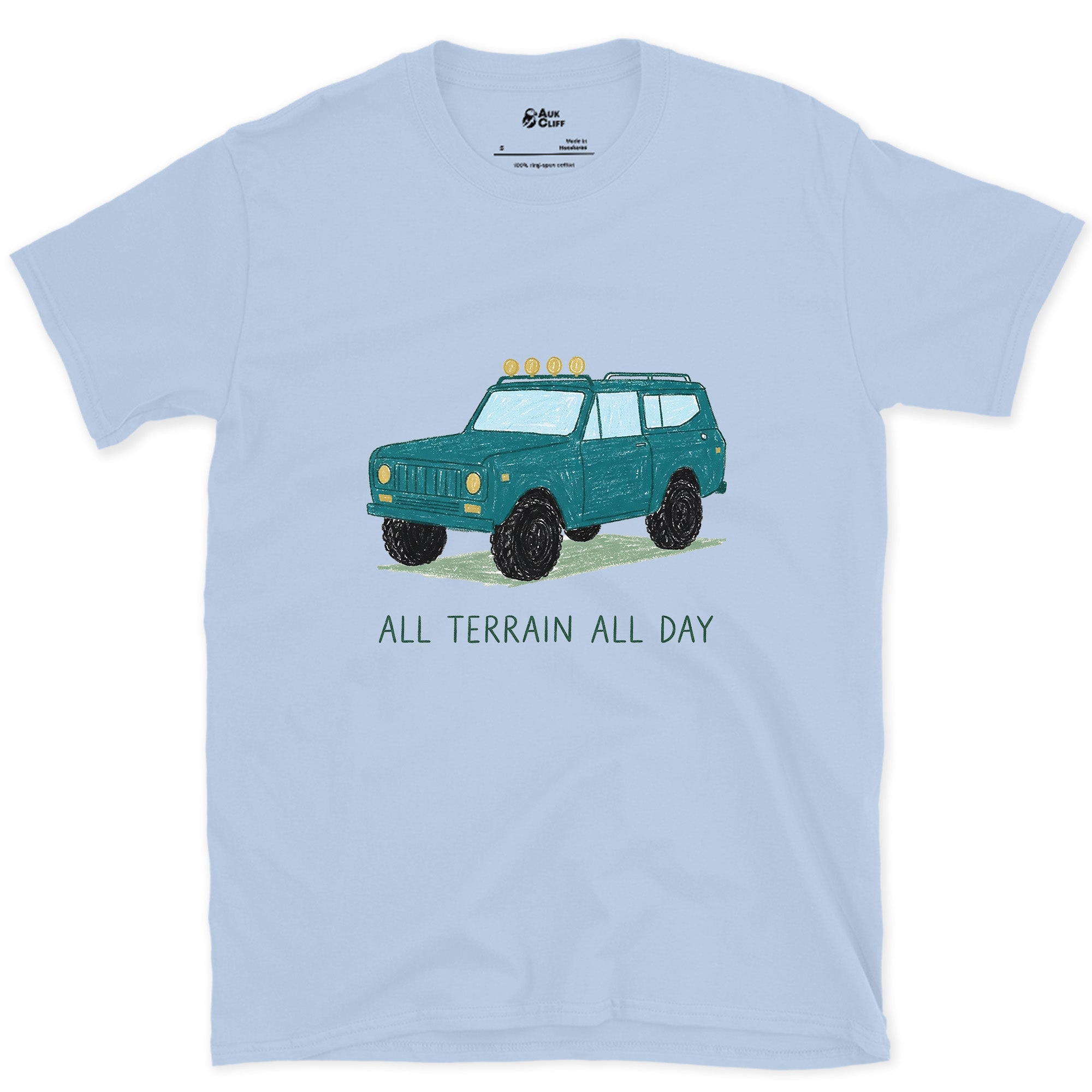 All Terrain All Day, Teal Wagon design on a Light Blue Gildan Softstyle t-shirt