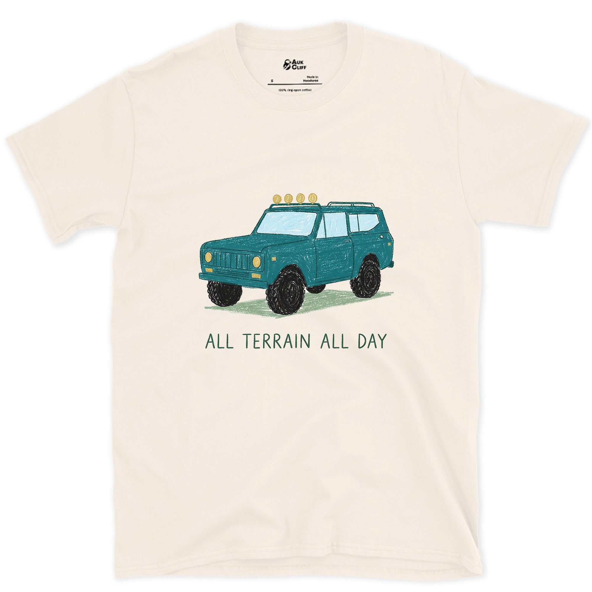 All Terrain All Day, Teal Wagon design on a Natural Gildan Softstyle t-shirt