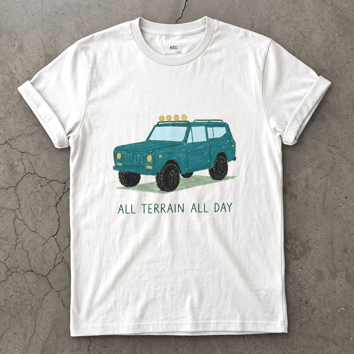 All Terrain All Day, Teal Wagon design on a White Gildan Softstyle t-shirt