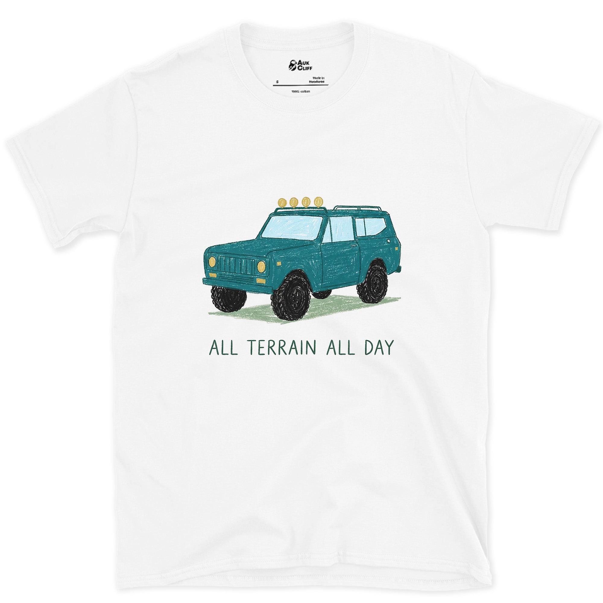 All Terrain All Day, Teal Wagon design on a White Gildan Softstyle t-shirt