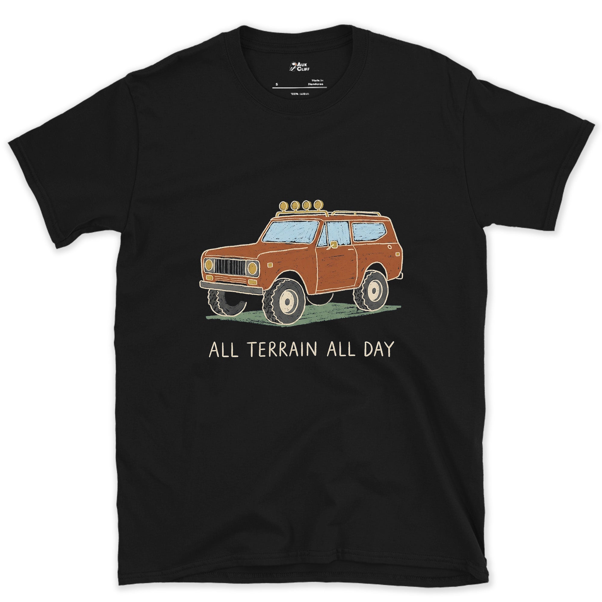 All Terrain All Day, Orange Wagon design on a Black Gildan Softstyle t-shirt