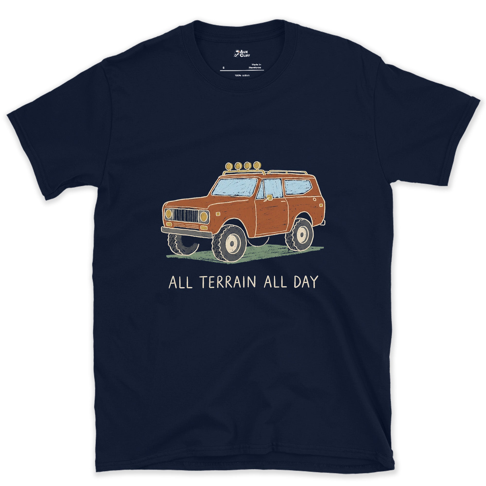All Terrain All Day, Orange Wagon design on a Navy Gildan Softstyle t-shirt