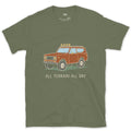 All Terrain All Day, Orange Wagon design on a Military Green Gildan Softstyle t-shirt