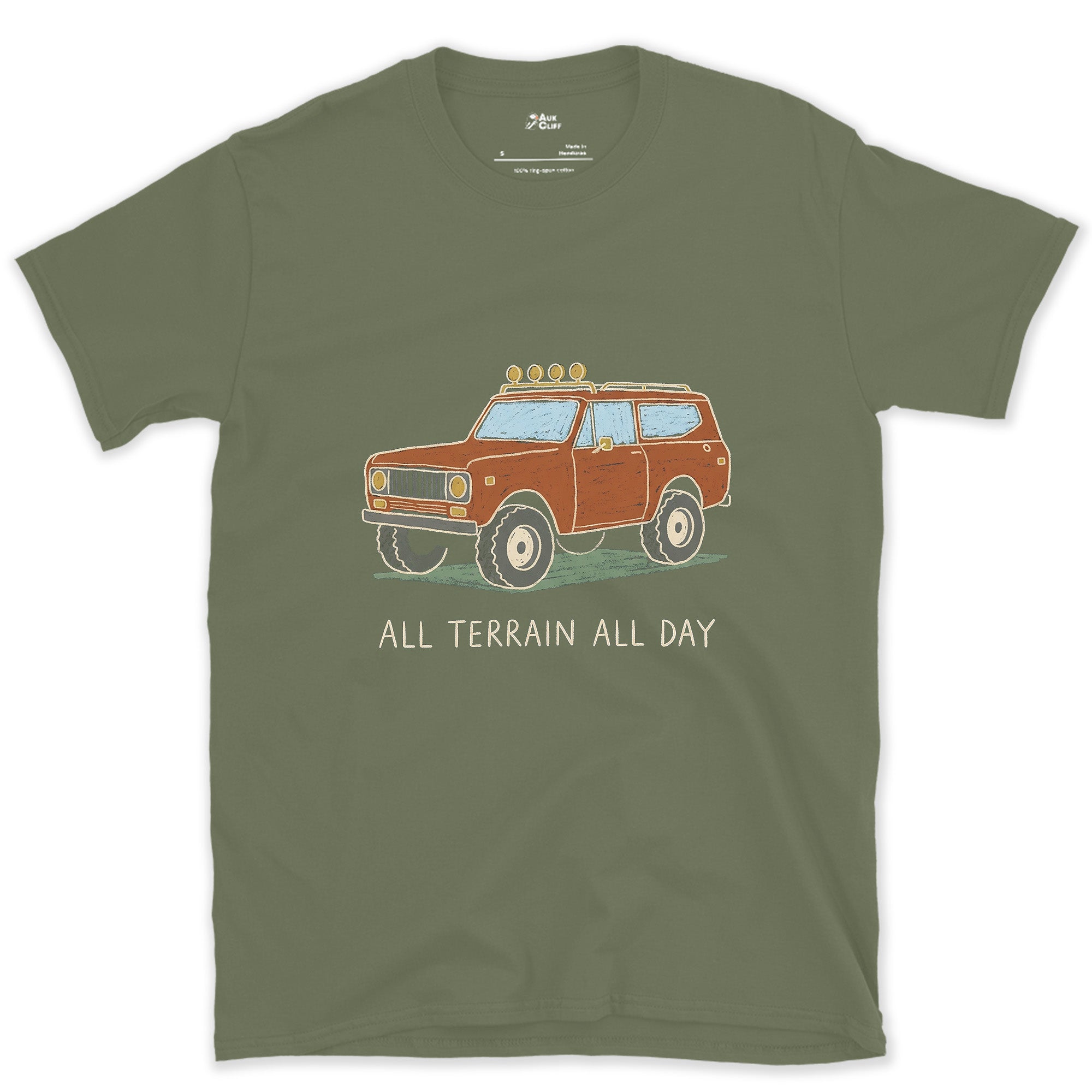 All Terrain All Day, Orange Wagon design on a Military Green Gildan Softstyle t-shirt