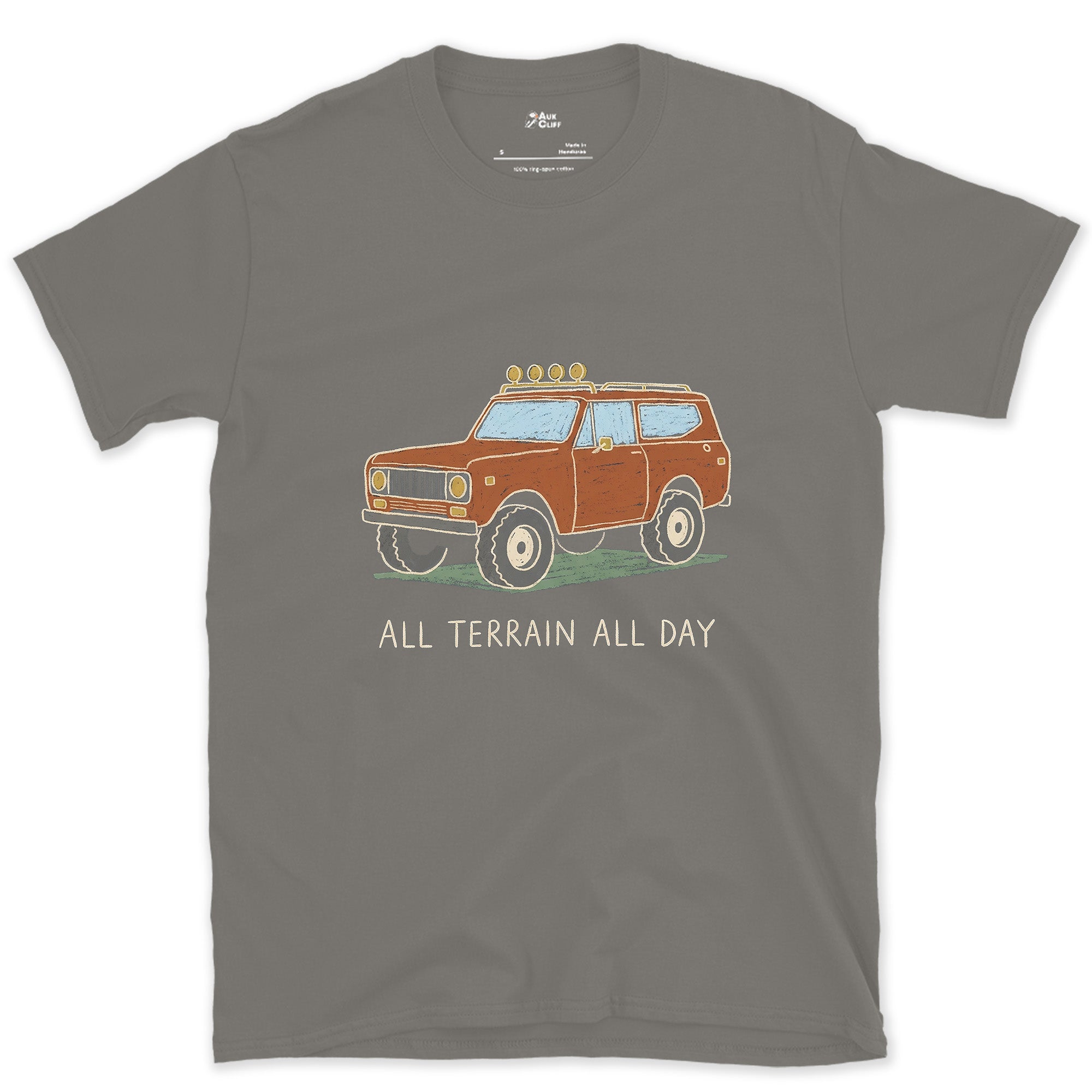 All Terrain All Day, Orange Wagon design on a Charcoal Gildan Softstyle t-shirt