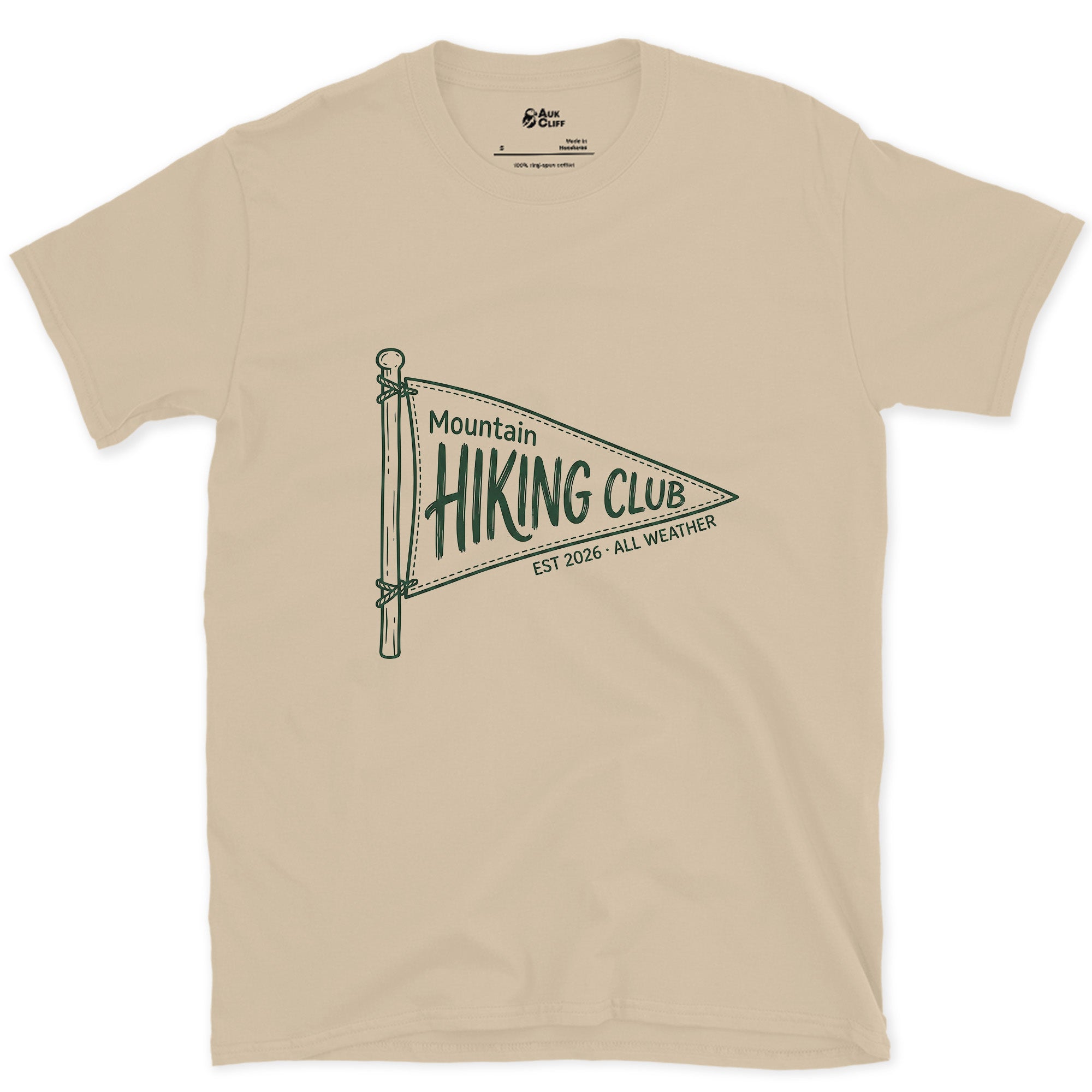 Mountain Hiking Club Pennant design on a Sand Gildan Softstyle t-shirt