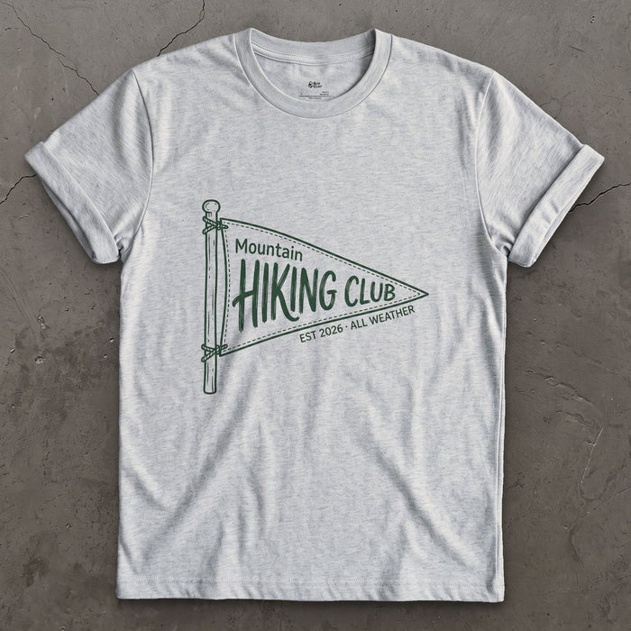 Mountain Hiking Club Pennant design on a Sport Grey Gildan Softstyle t-shirt