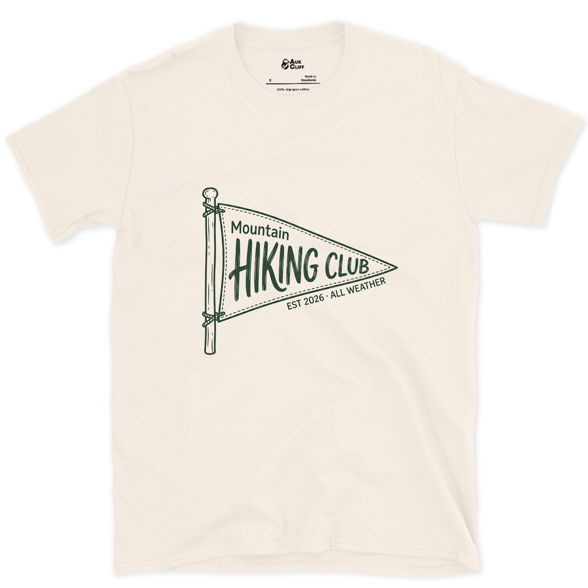 Mountain Hiking Club Pennant design on a Natural Gildan Softstyle t-shirt