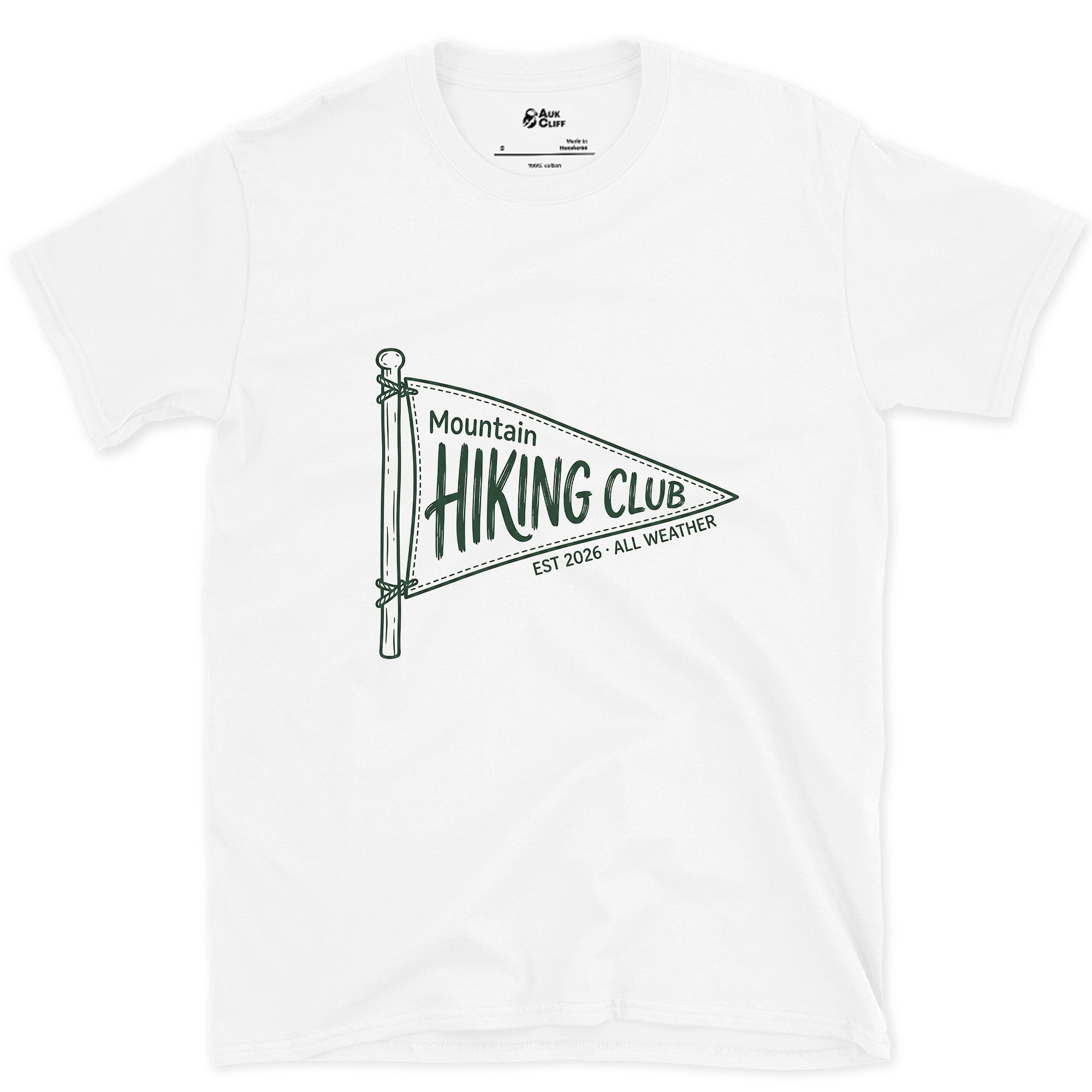 Mountain Hiking Club Pennant design on a White Gildan Softstyle t-shirt