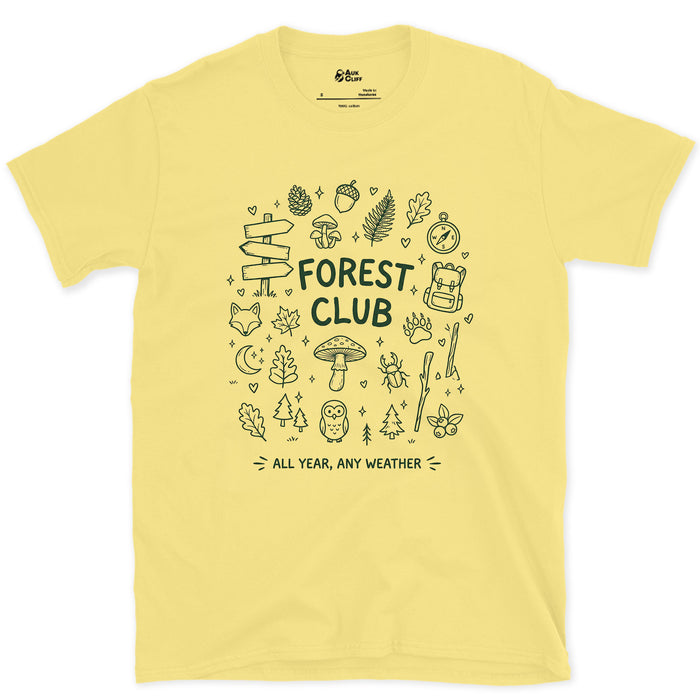 Any Weather, All Year, Forest Club design on a Cornsilk Gildan Softstyle t-shirt