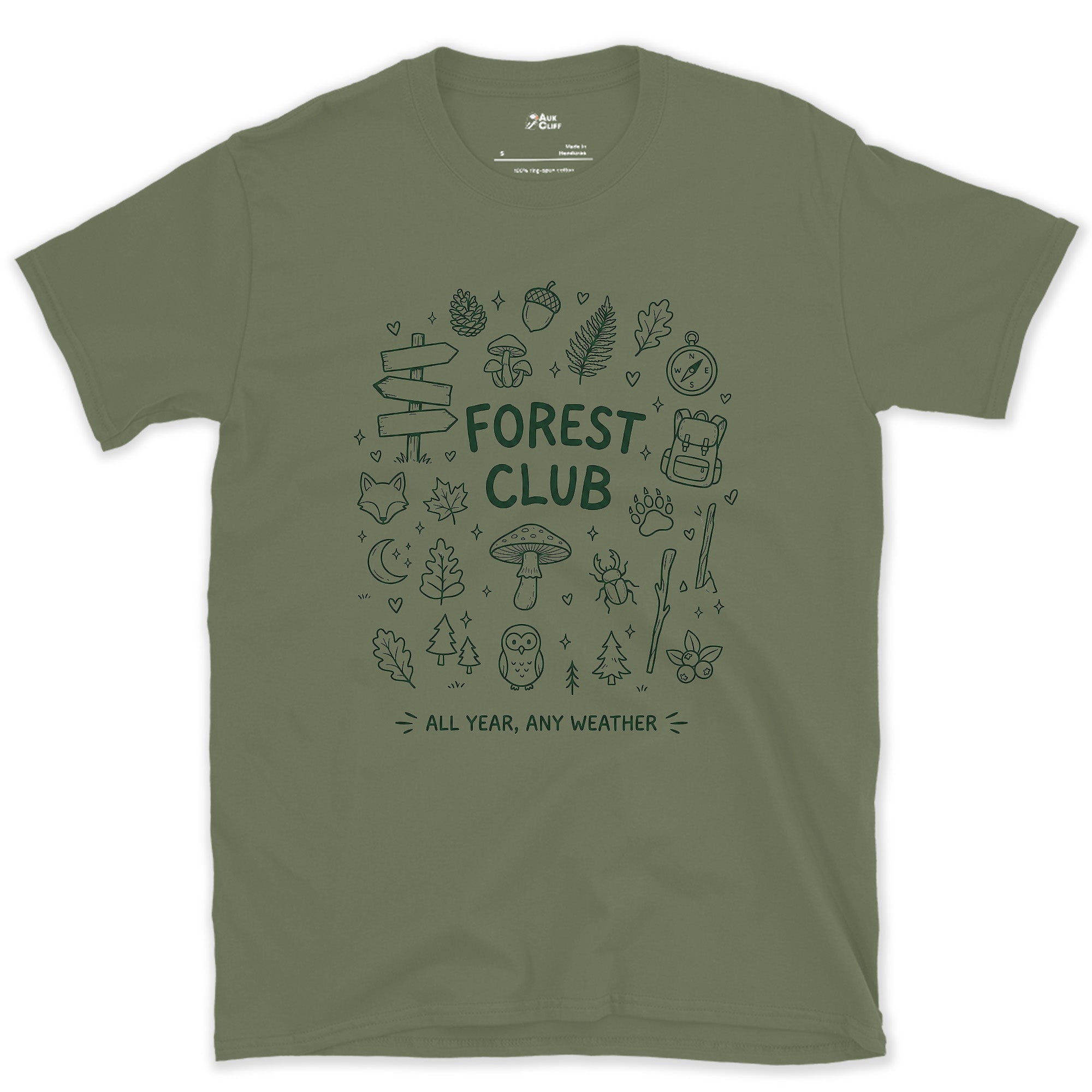 Any Weather, All Year, Forest Club design on a Military Green Gildan Softstyle t-shirt