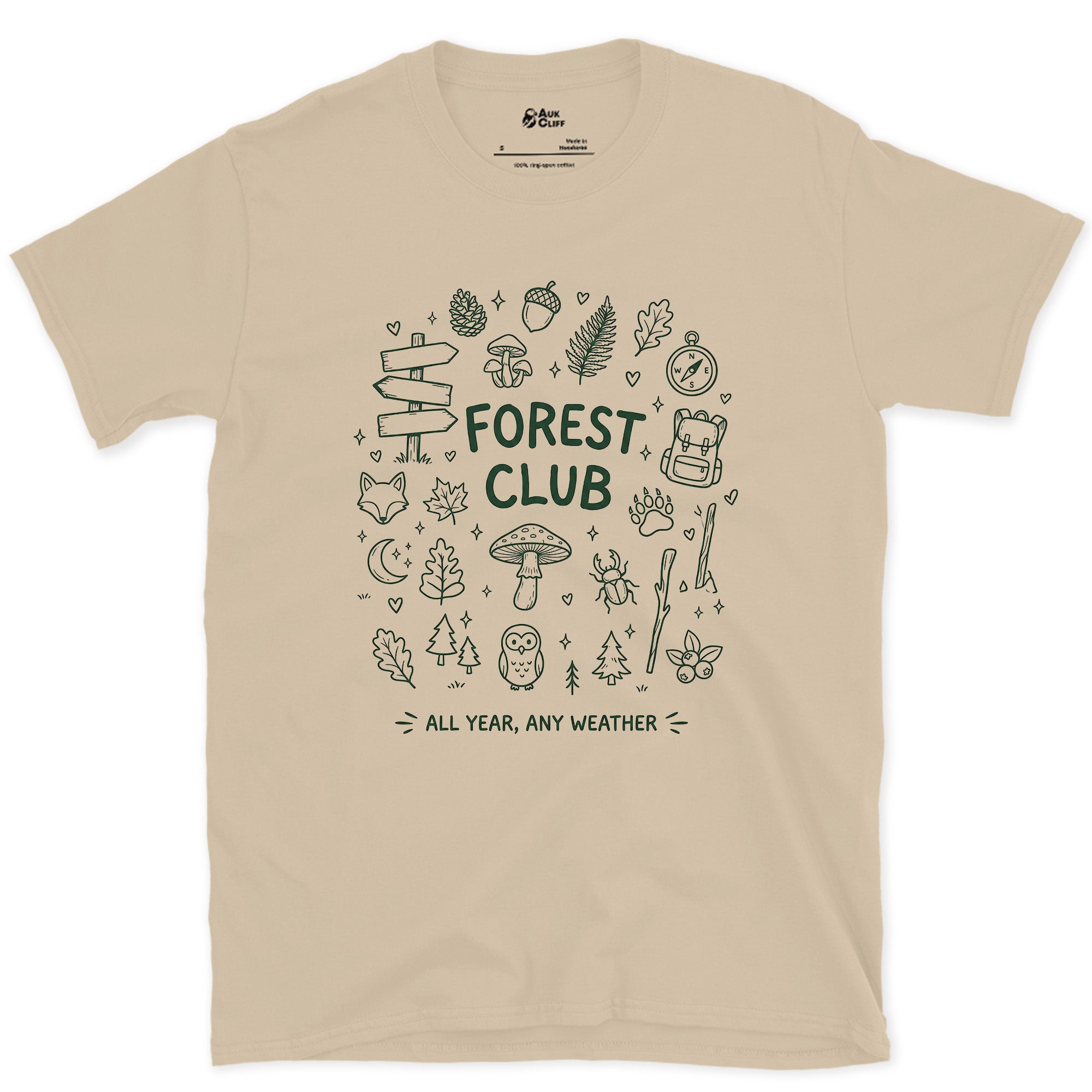 Any Weather, All Year, Forest Club design on a Sand Gildan Softstyle t-shirt