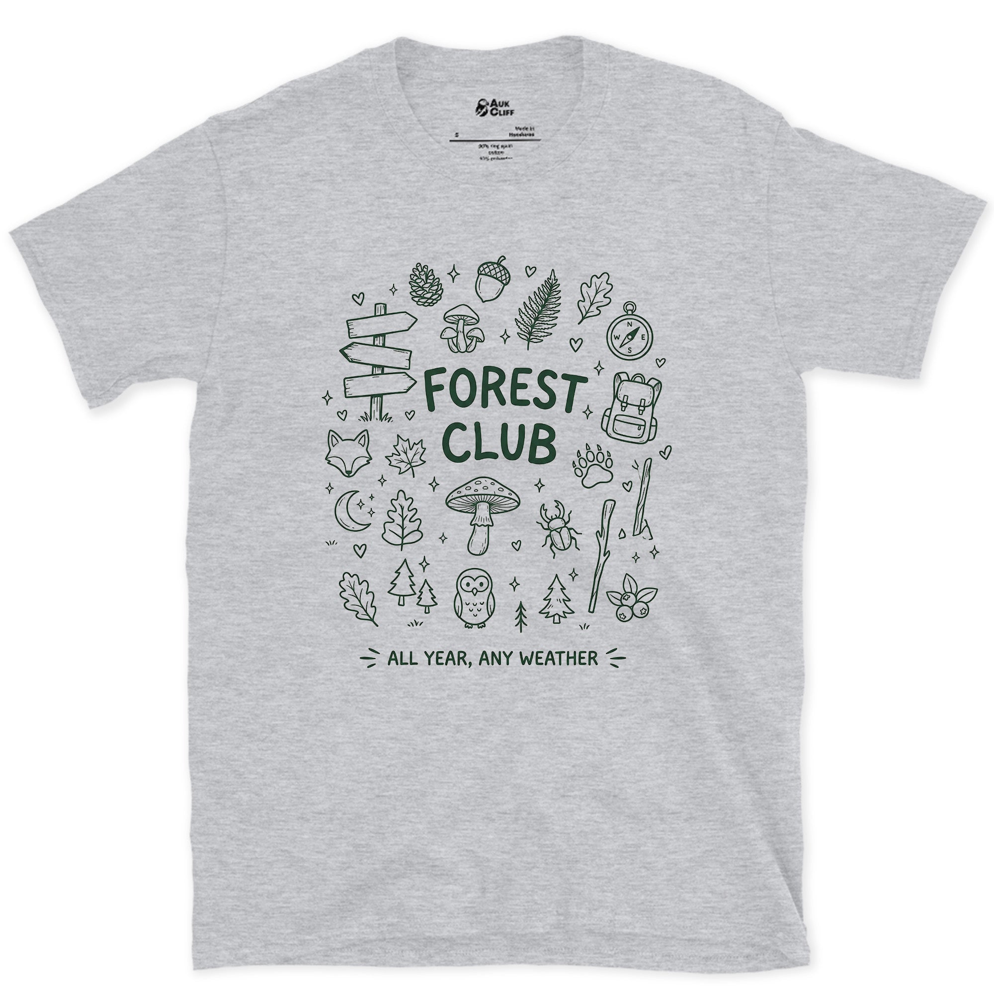 Any Weather, All Year, Forest Club design on a Sport Grey Gildan Softstyle t-shirt