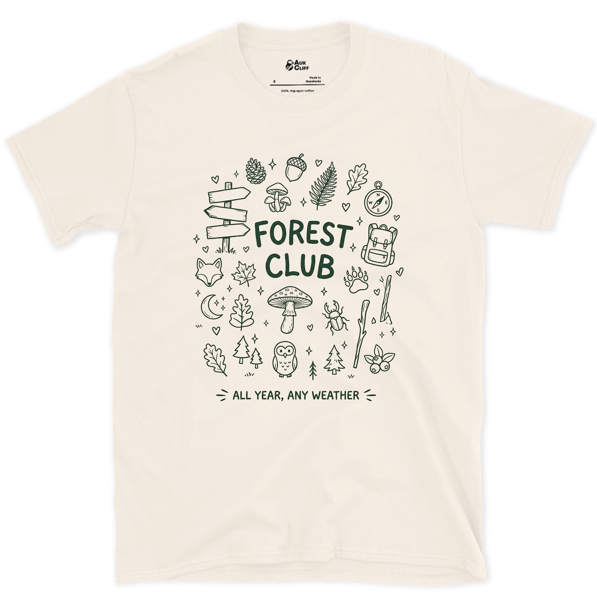 Any Weather, All Year, Forest Club design on a Natural Gildan Softstyle t-shirt