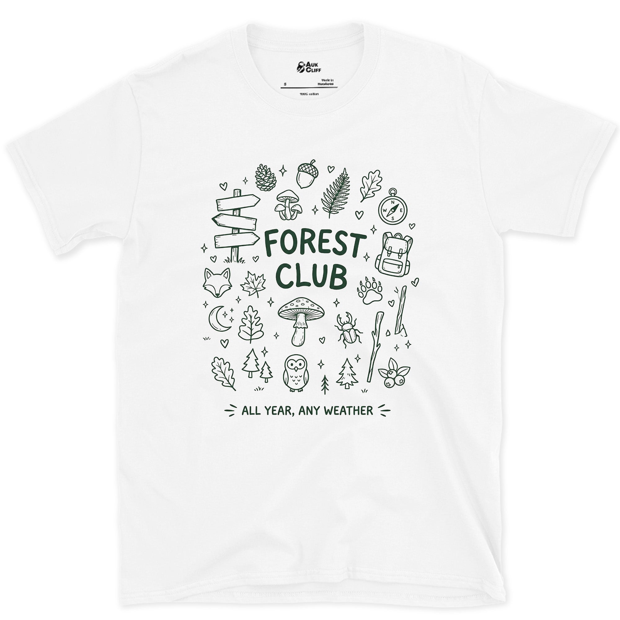 Any Weather, All Year, Forest Club design on a White Gildan Softstyle t-shirt