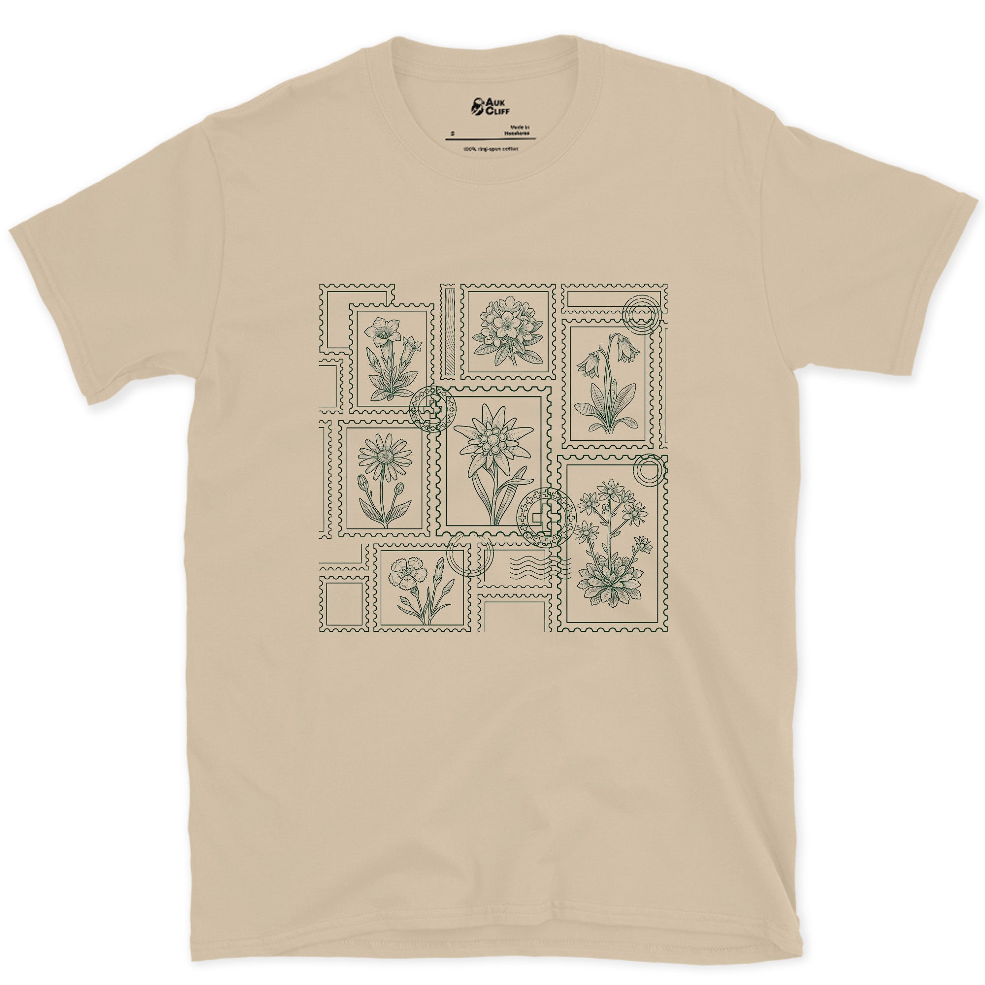 Pressed and Catalogued, Alpine Wildflowers design on a Sand Gildan Softstyle t-shirt