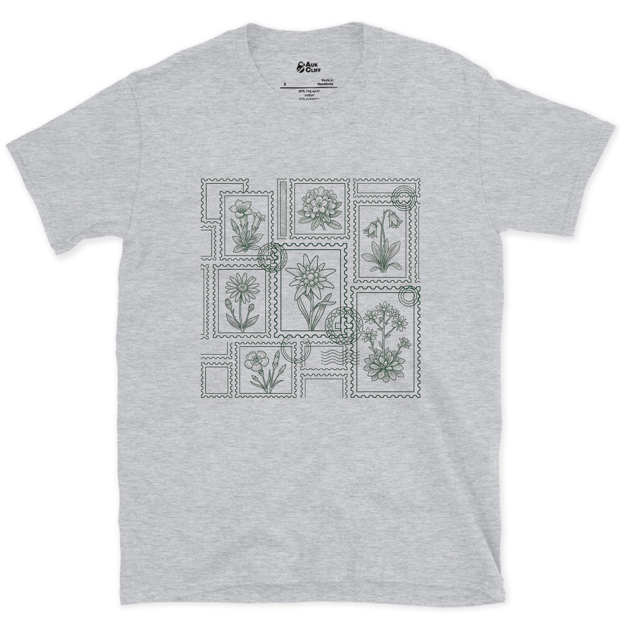 Pressed and Catalogued, Alpine Wildflowers design on a Sport Grey Gildan Softstyle t-shirt