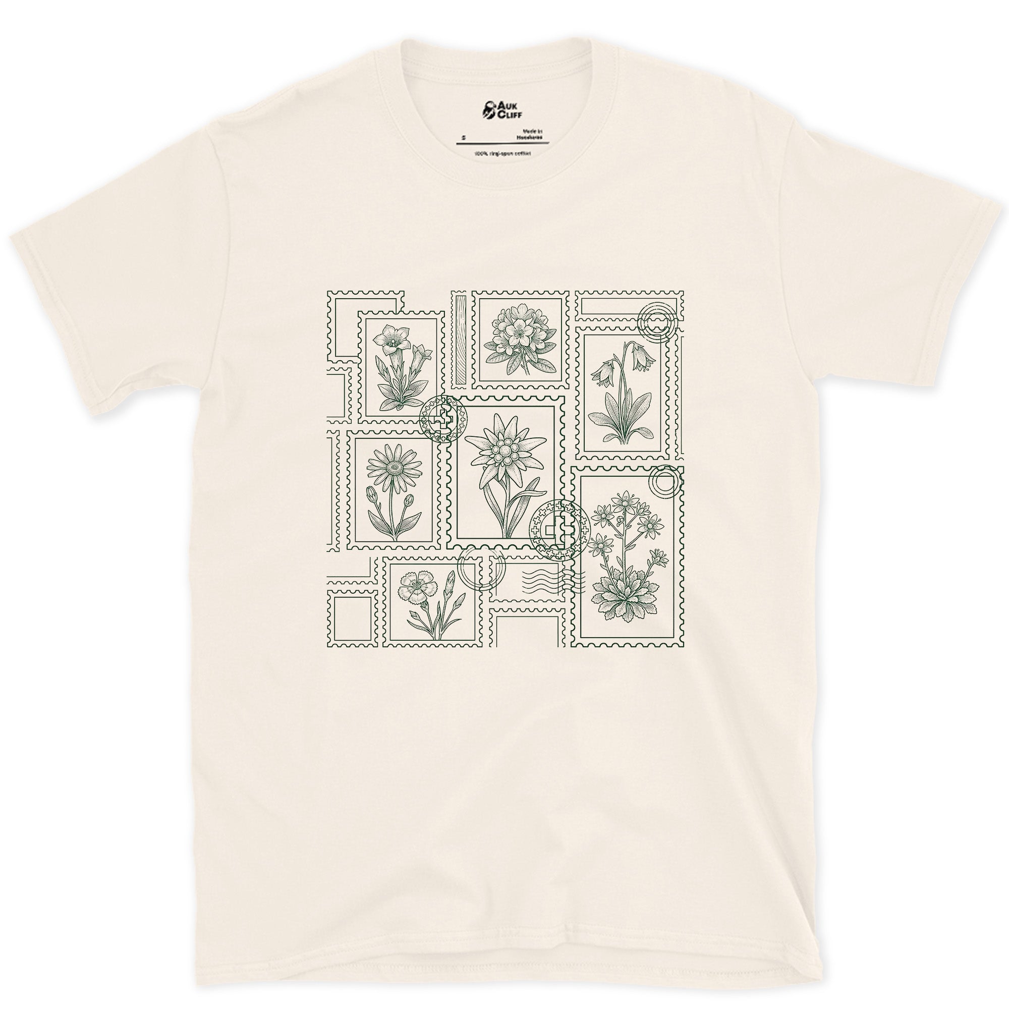 Pressed and Catalogued, Alpine Wildflowers design on a Natural Gildan Softstyle t-shirt