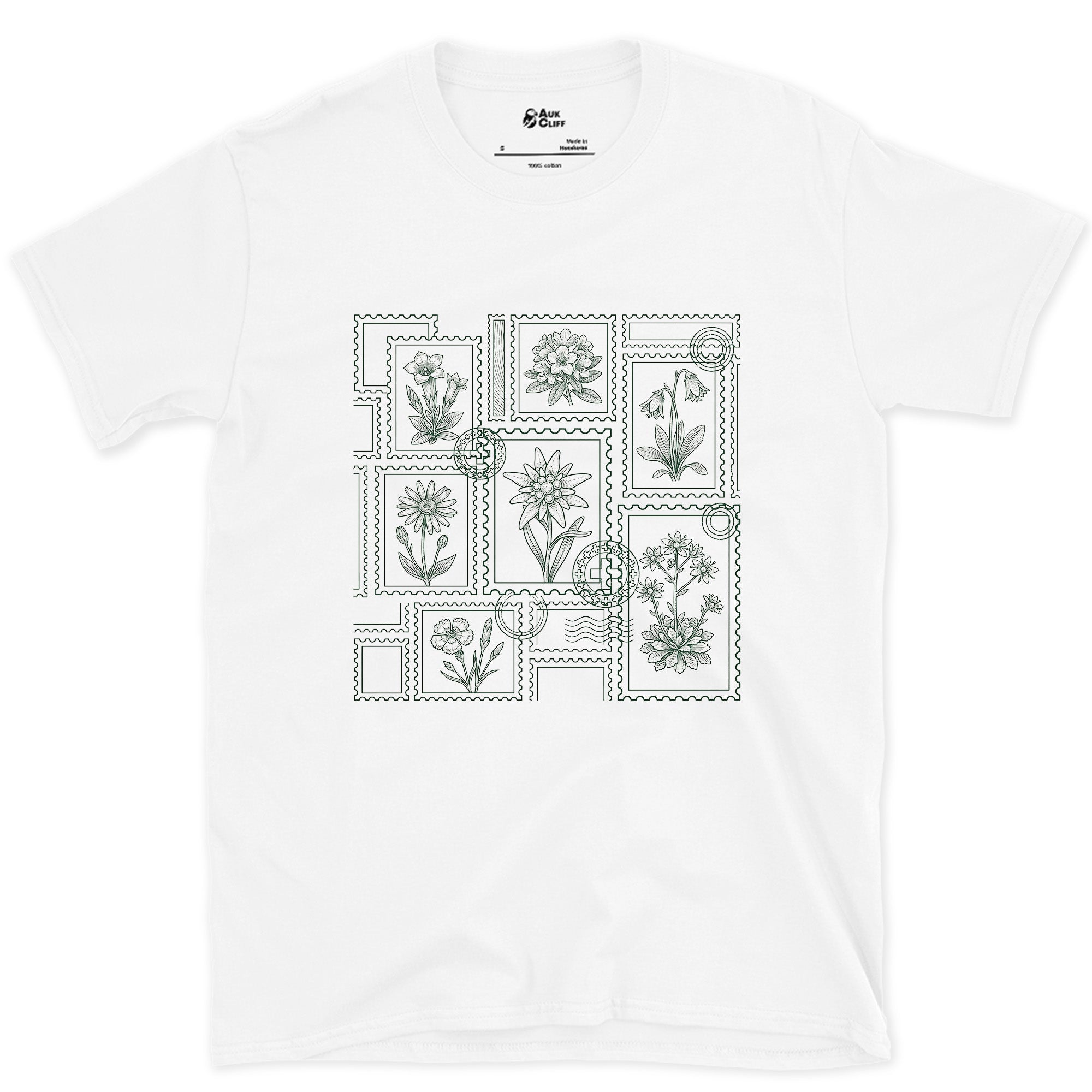 Pressed and Catalogued, Alpine Wildflowers design on a White Gildan Softstyle t-shirt