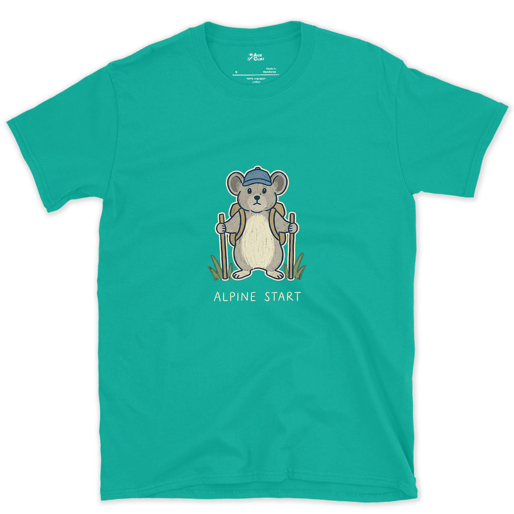 Alpine Start, Pika in a Cap design on a Jade Dome Gildan Softstyle t-shirt