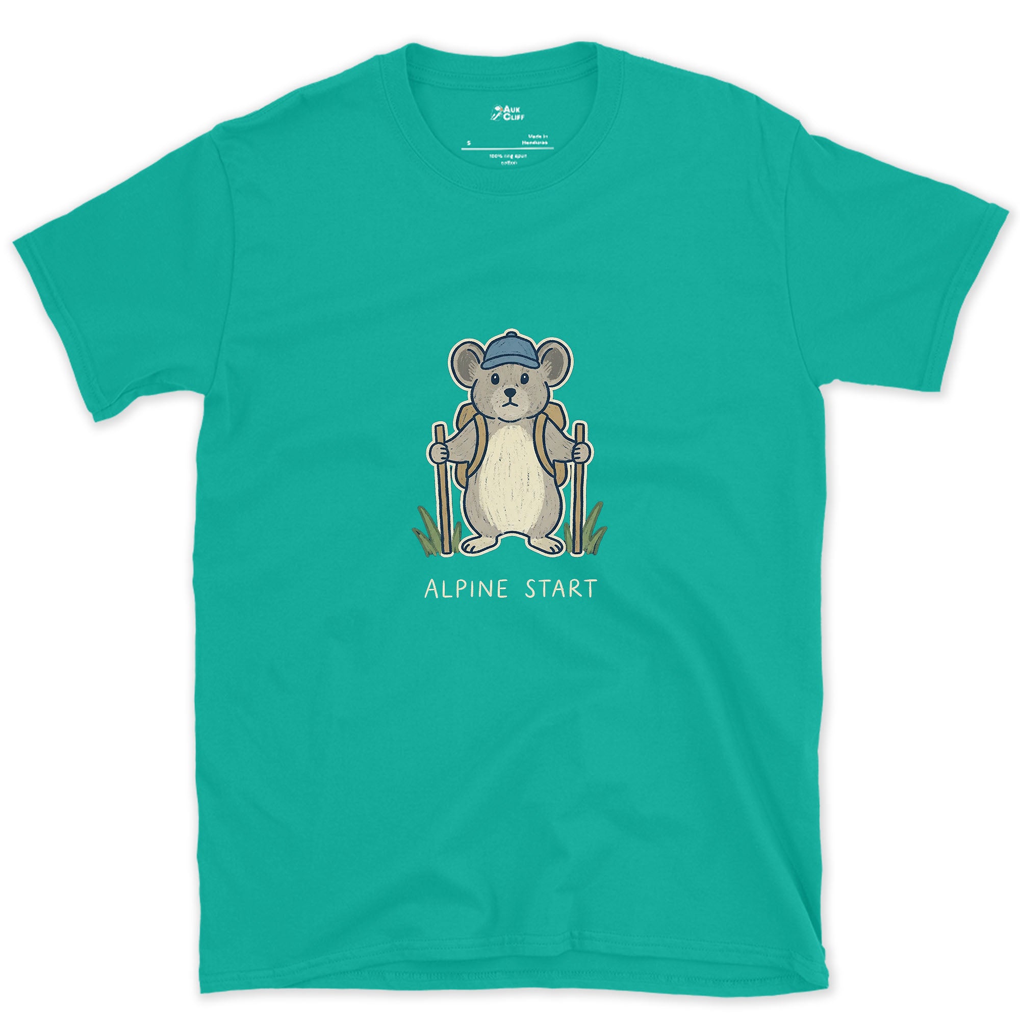 Alpine Start, Pika in a Cap design on a Jade Dome Gildan Softstyle t-shirt