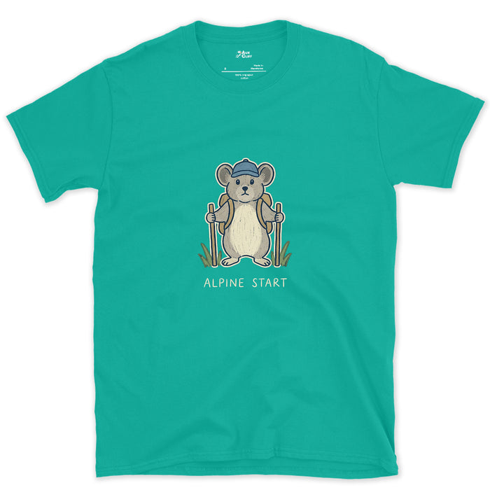 Alpine Start, Pika in a Cap design on a Jade Dome Gildan Softstyle t-shirt