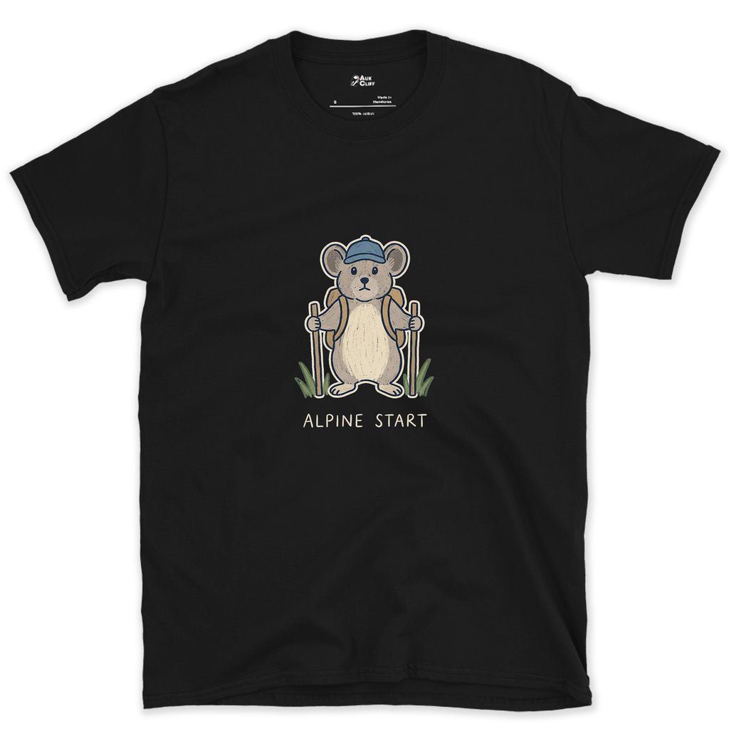 Alpine Start, Pika in a Cap design on a Black Gildan Softstyle t-shirt