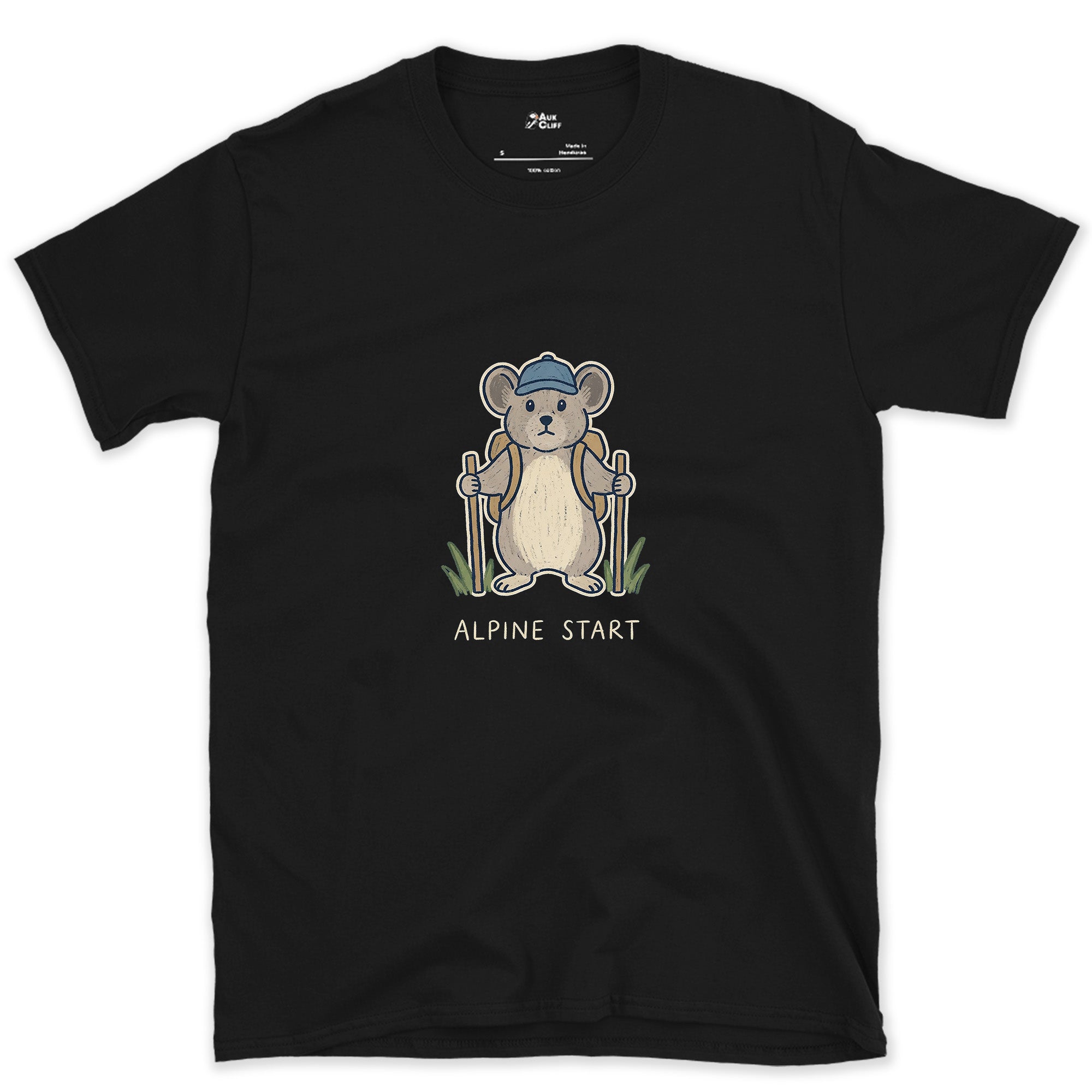 Alpine Start, Pika in a Cap design on a Black Gildan Softstyle t-shirt