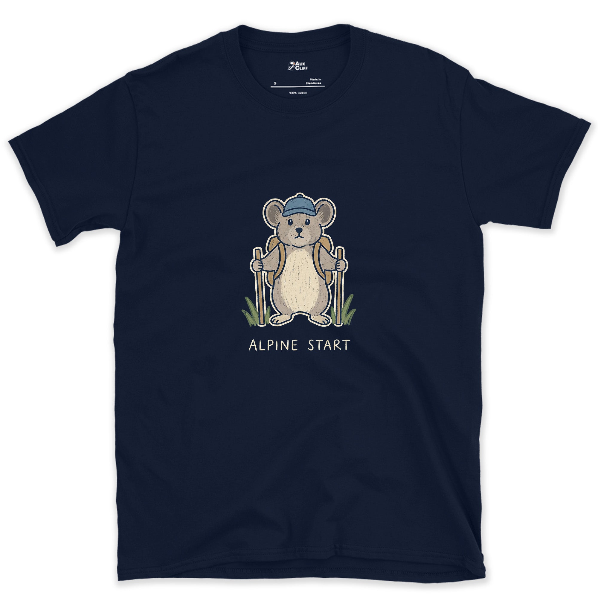 Alpine Start, Pika in a Cap design on a Navy Gildan Softstyle t-shirt