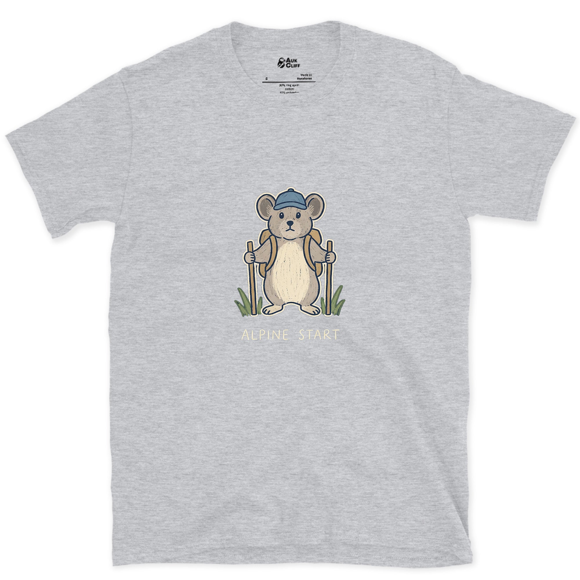 Alpine Start, Pika in a Cap design on a Sport Grey Gildan Softstyle t-shirt