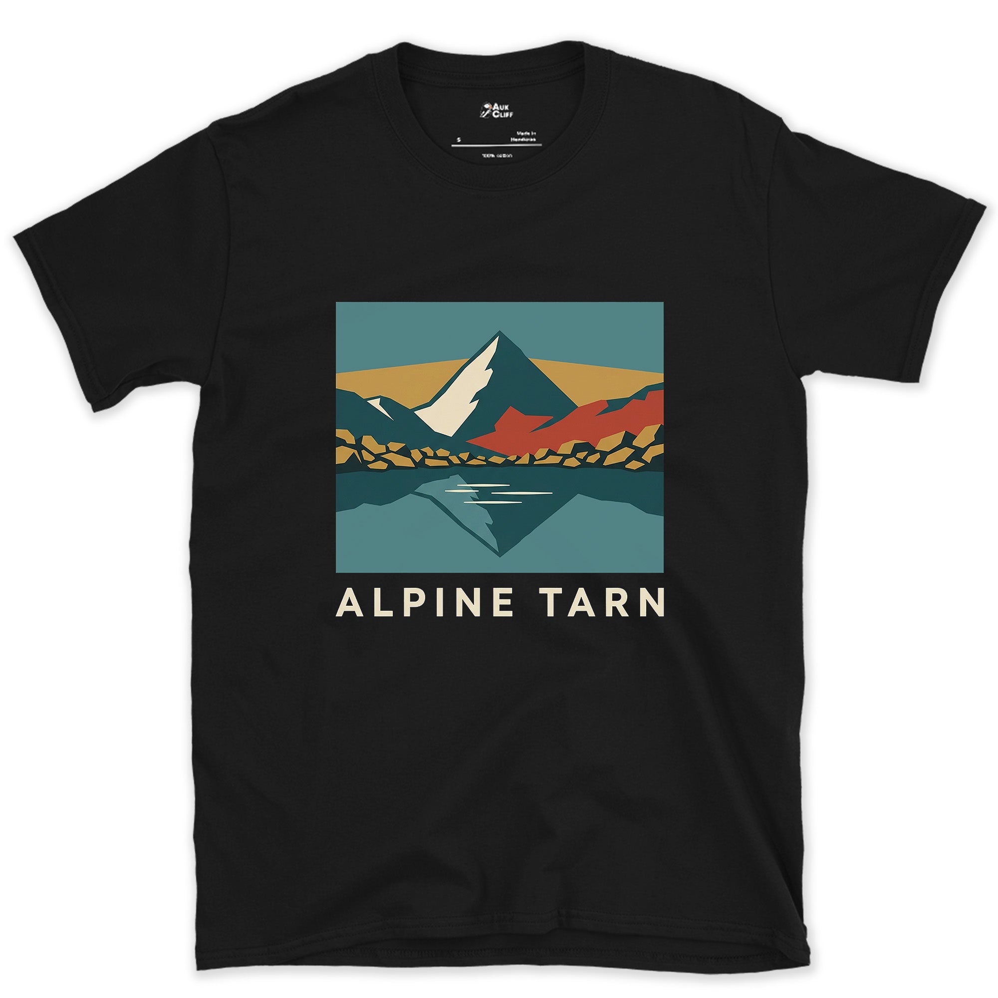 Alpine Tarn, Mountain on Both Sides design on a Black Gildan Softstyle t-shirt