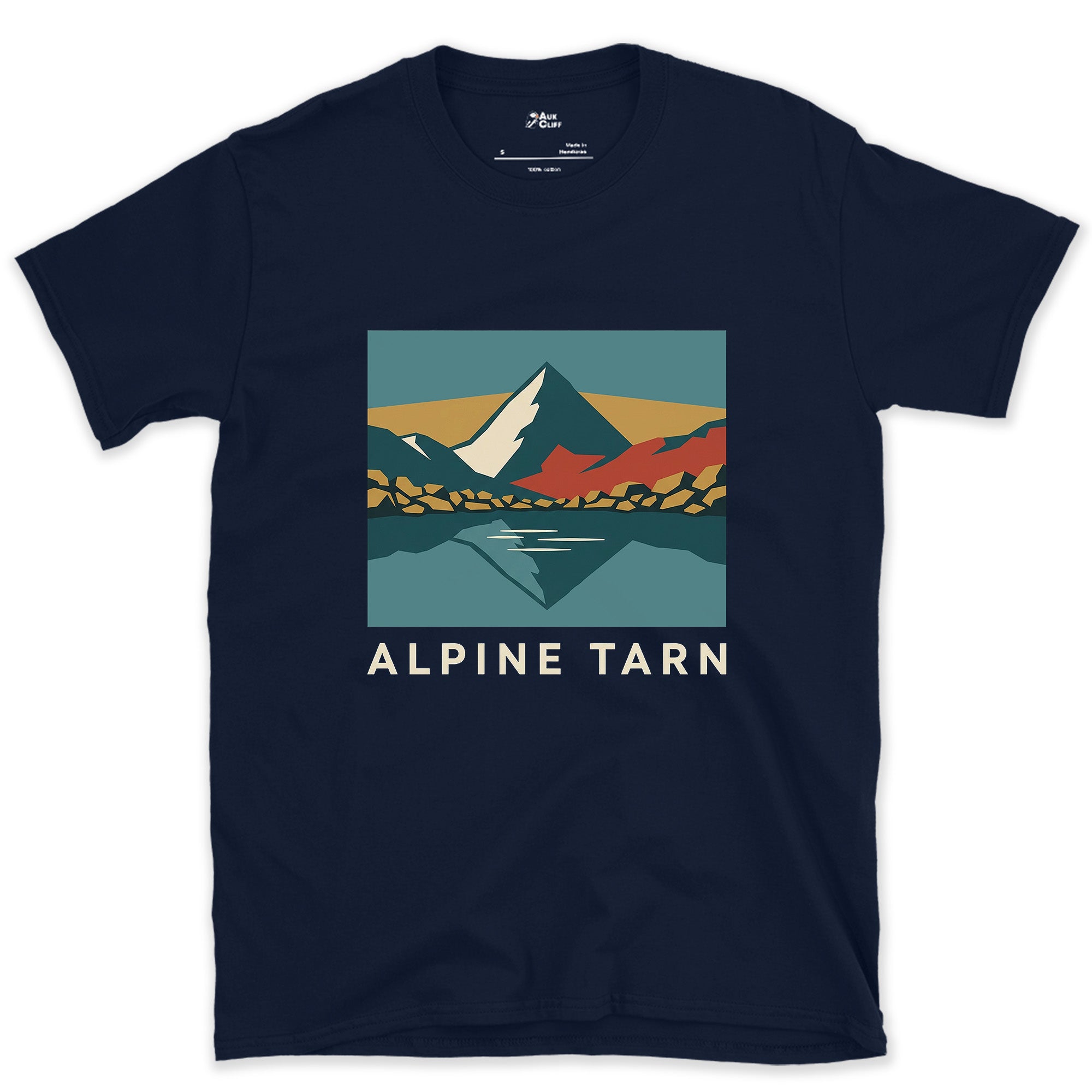 Alpine Tarn, Mountain on Both Sides design on a Navy Gildan Softstyle t-shirt