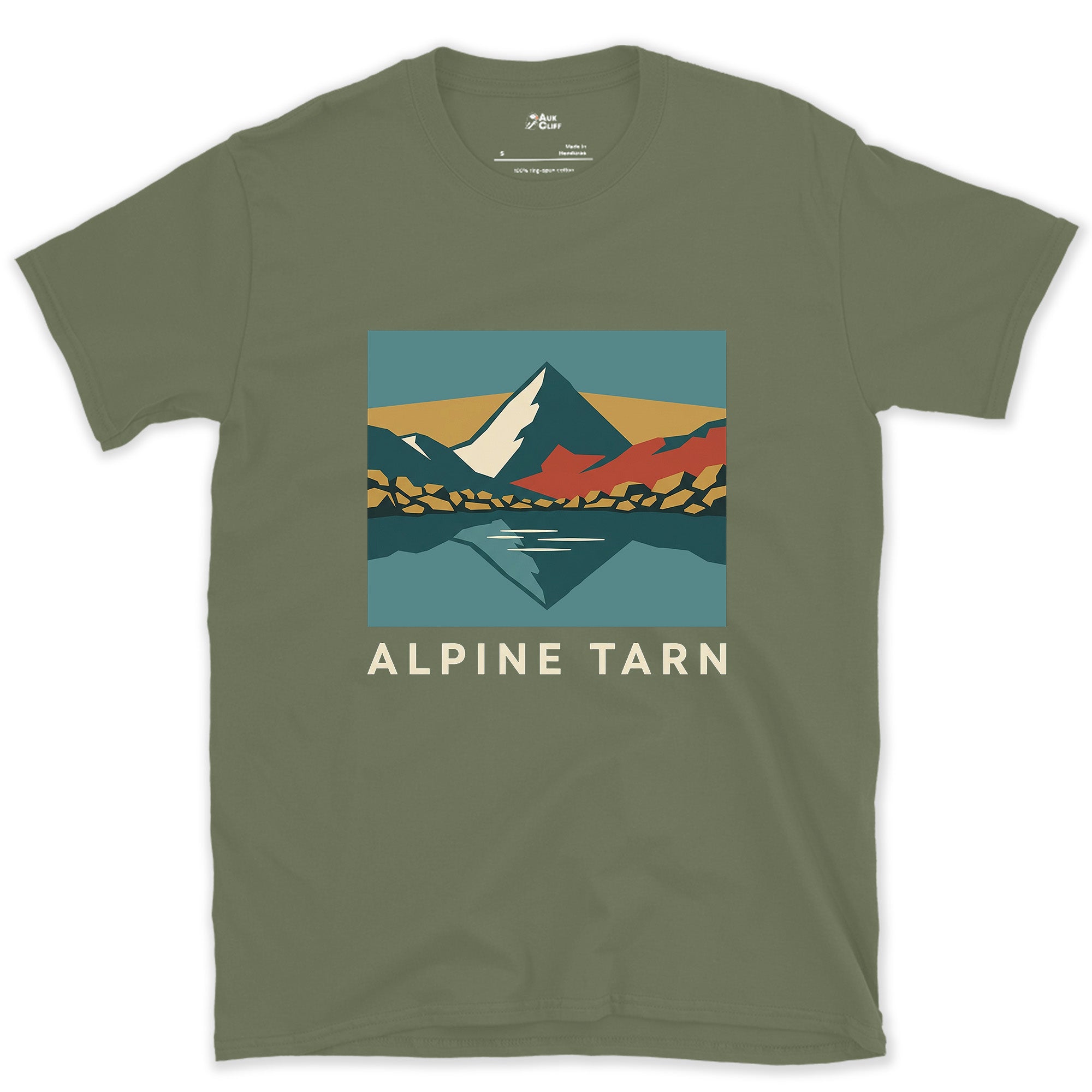 Alpine Tarn, Mountain on Both Sides design on a Military Green Gildan Softstyle t-shirt
