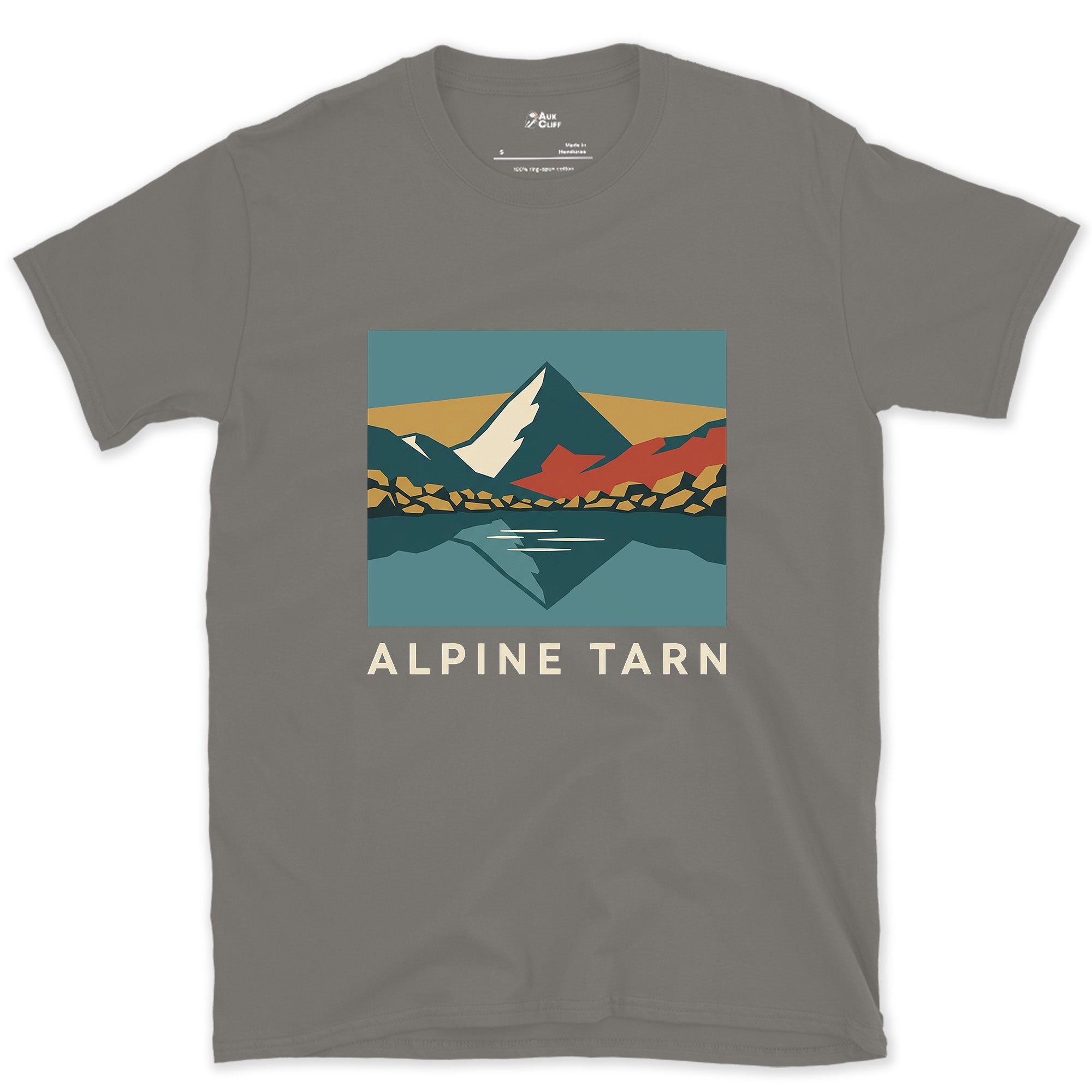 Alpine Tarn, Mountain on Both Sides design on a Charcoal Gildan Softstyle t-shirt