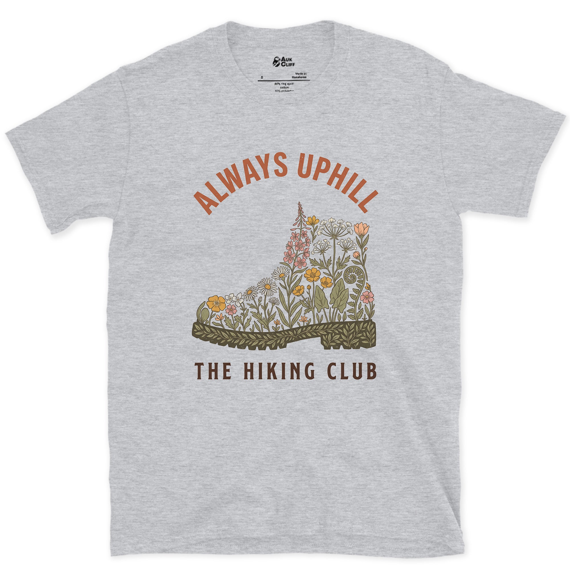 Always Uphill, Boot Full of Wildflowers design on a Sport Grey Gildan Softstyle t-shirt