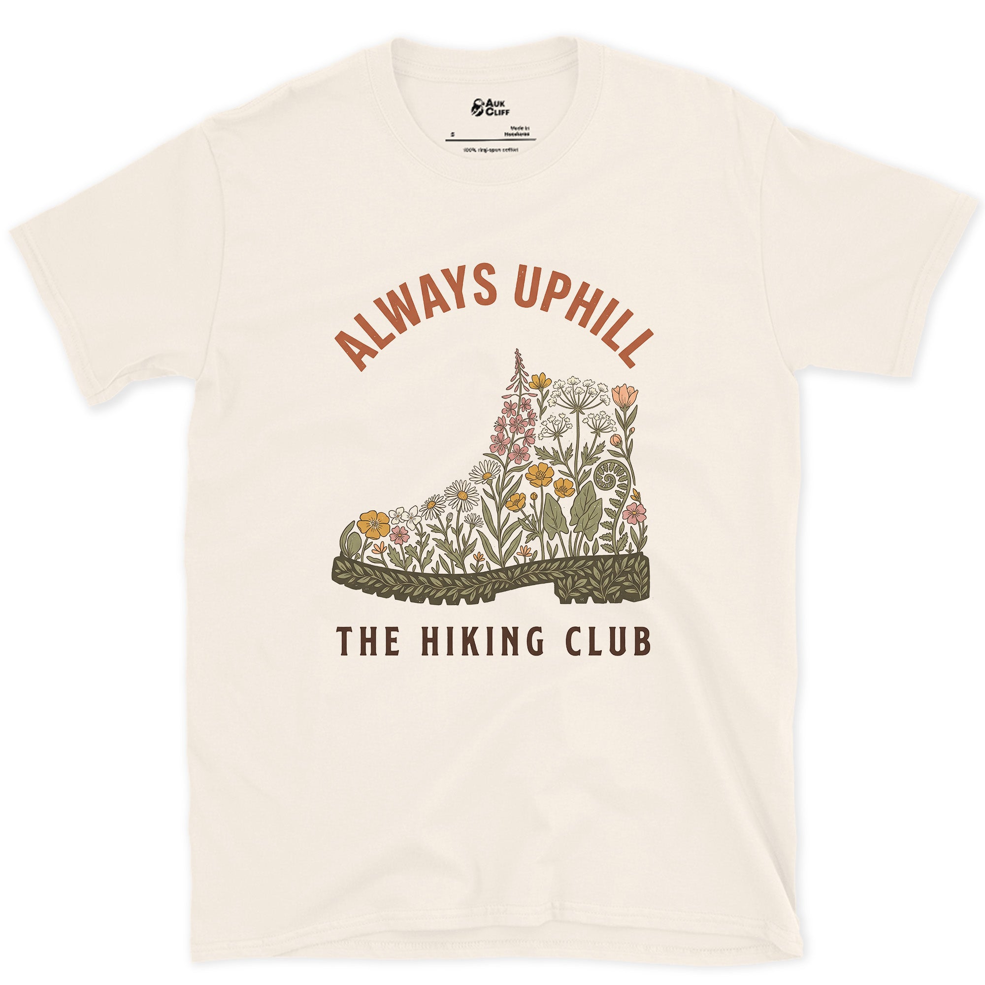 Always Uphill, Boot Full of Wildflowers design on a Natural Gildan Softstyle t-shirt