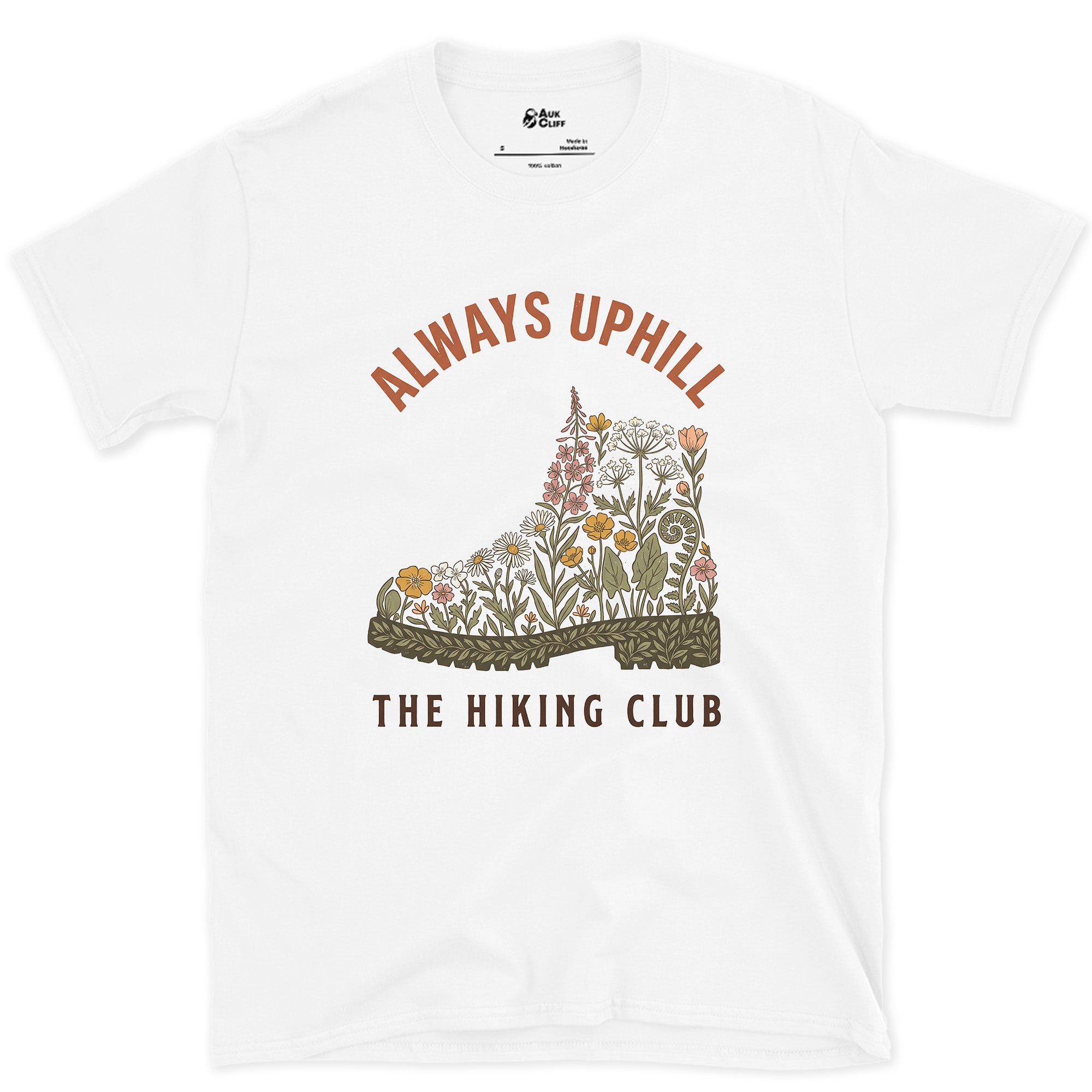 Always Uphill, Boot Full of Wildflowers design on a White Gildan Softstyle t-shirt