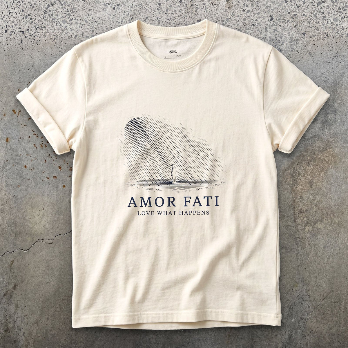 Amor Fati, Love What Happens design on a Natural Gildan Softstyle t-shirt
