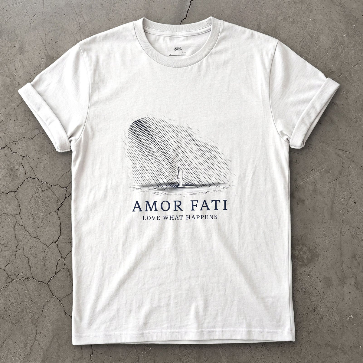 Amor Fati, Love What Happens design on a White Gildan Softstyle t-shirt