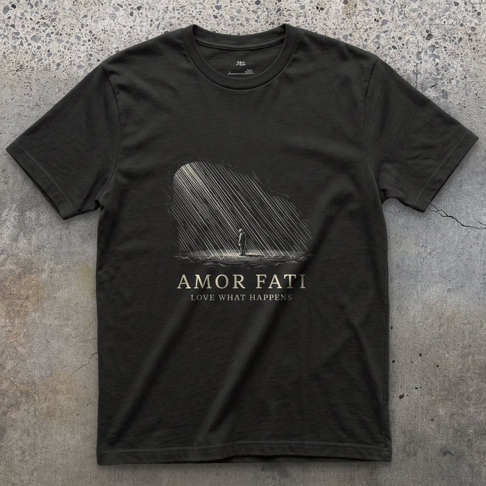 Amor Fati, Love What Happens design on a Black Gildan Softstyle t-shirt