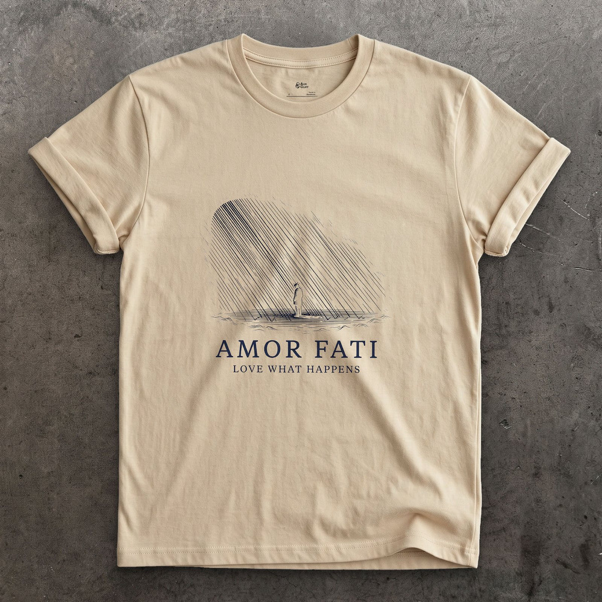 Amor Fati, Love What Happens design on a Sand Gildan Softstyle t-shirt