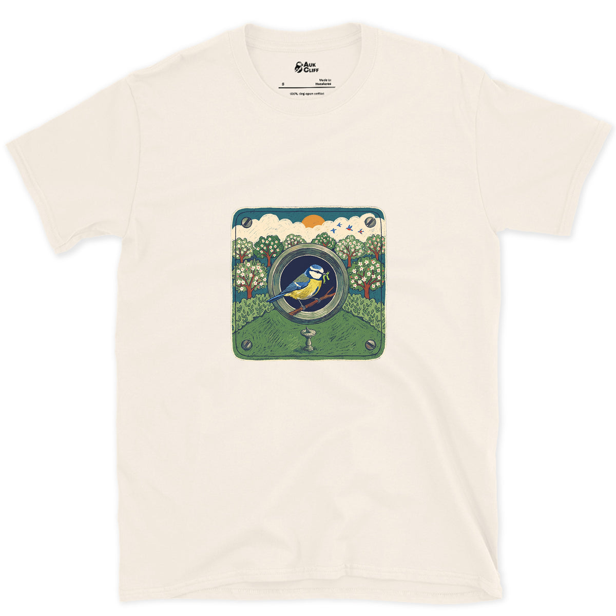 An Orchard Through a Nest Box Hole design on a Natural Gildan Softstyle t-shirt