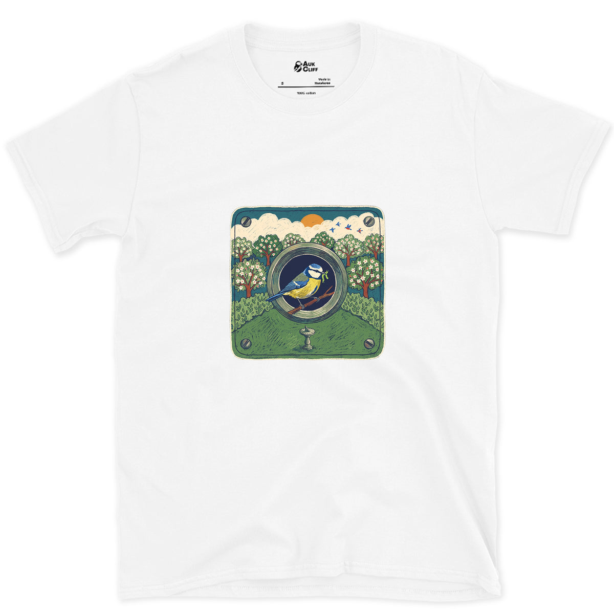 An Orchard Through a Nest Box Hole design on a White Gildan Softstyle t-shirt