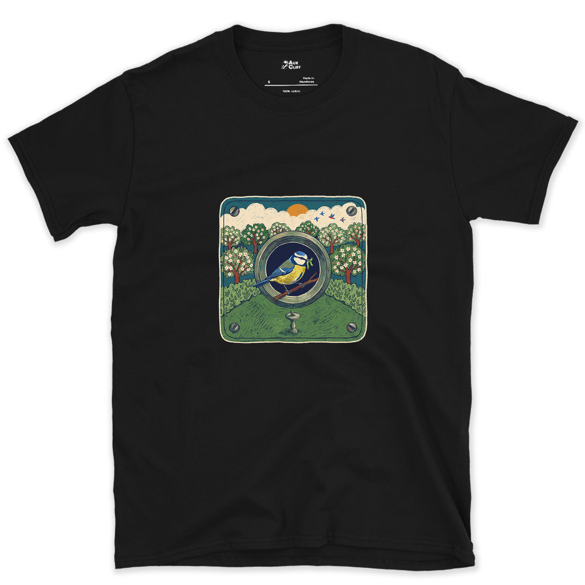 An Orchard Through a Nest Box Hole design on a Black Gildan Softstyle t-shirt