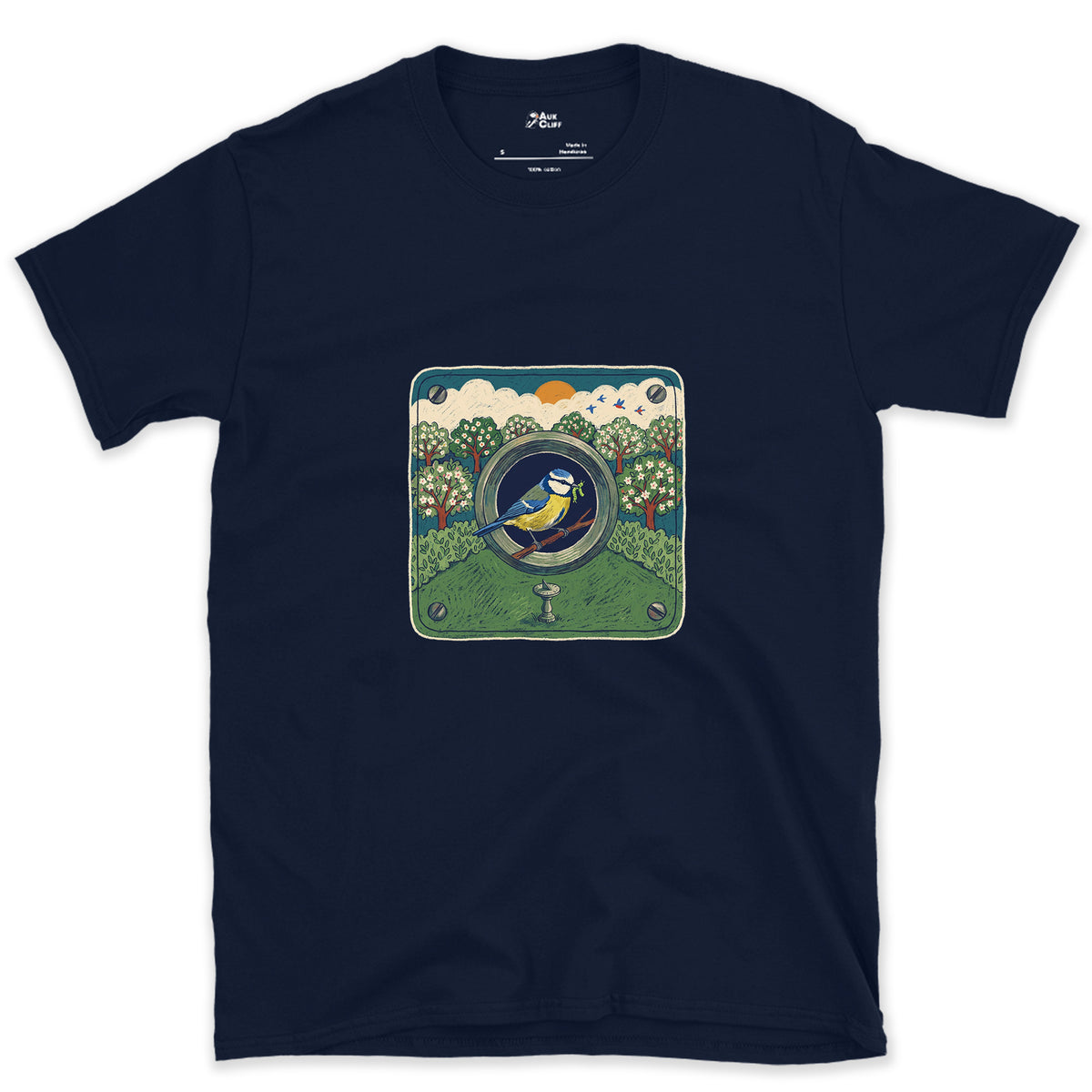 An Orchard Through a Nest Box Hole design on a Navy Gildan Softstyle t-shirt