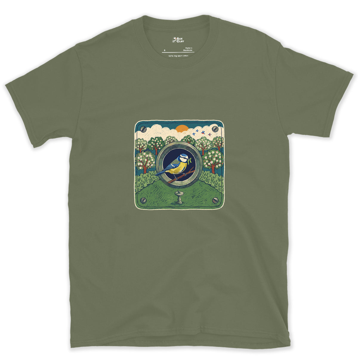 An Orchard Through a Nest Box Hole design on a Military Green Gildan Softstyle t-shirt