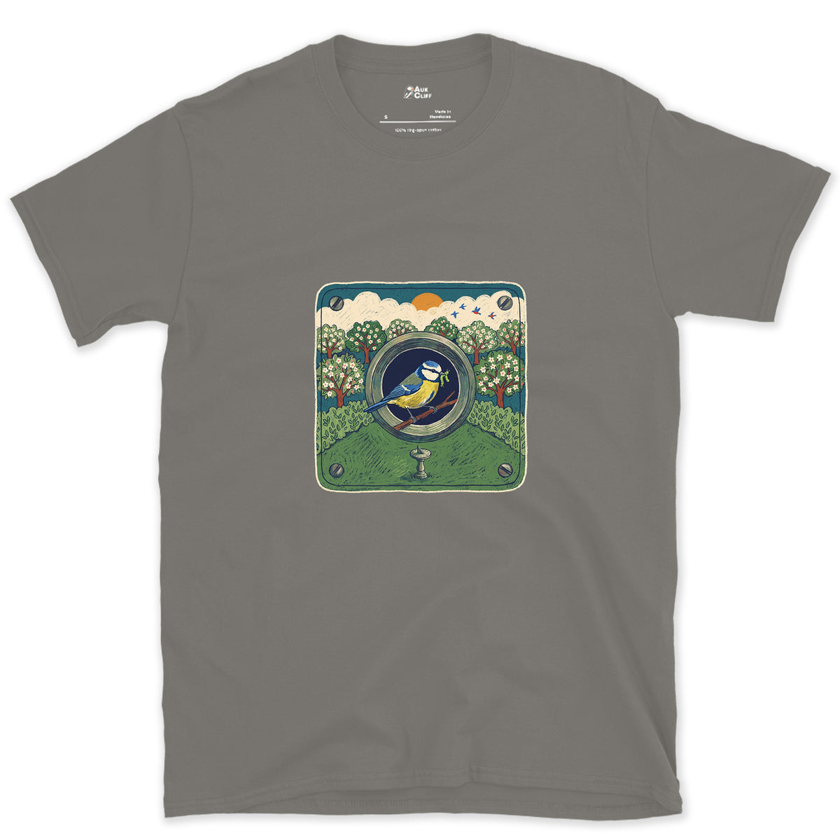 An Orchard Through a Nest Box Hole design on a Charcoal Gildan Softstyle t-shirt